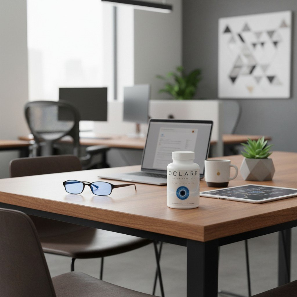 Oclaré Vision Support+ bottle on a desk with laptop and sunlight-adaptive, blue light filtering glasses
