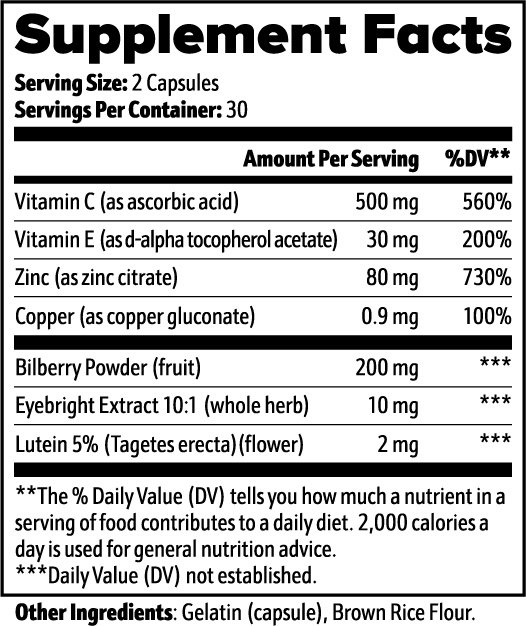 Oclaré Vision Support+ Supplement Facts panel - full ingredient listing
