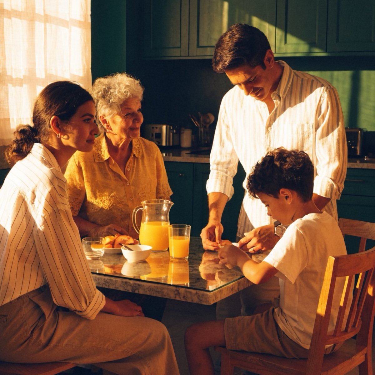 A family walking together in a park at sunset